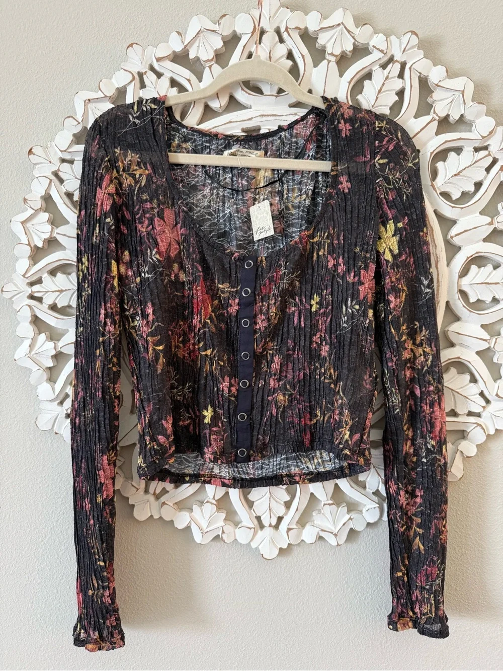 NWT Free People Angelina Crop Button Down Long Sleeve Top Black w Floral XL